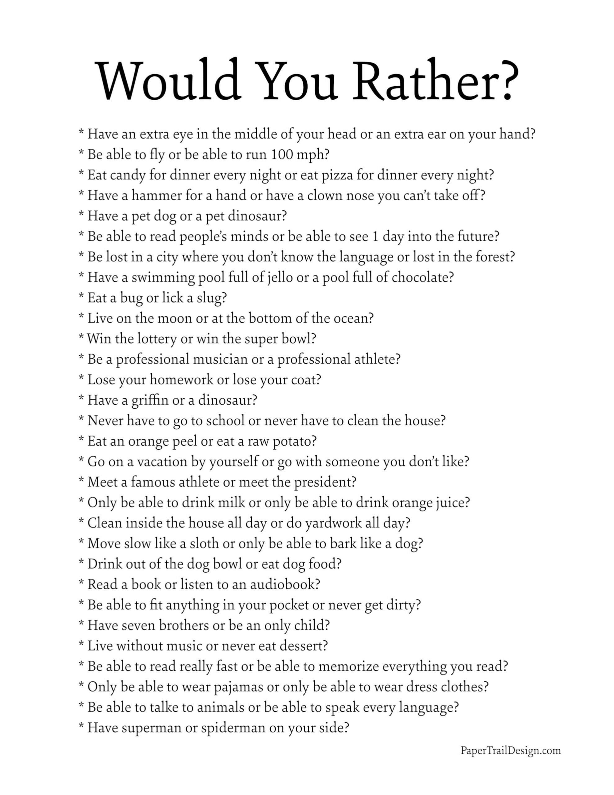 Would You Rather Questions - Paper Trail Design with Would You Rather Printable Questions